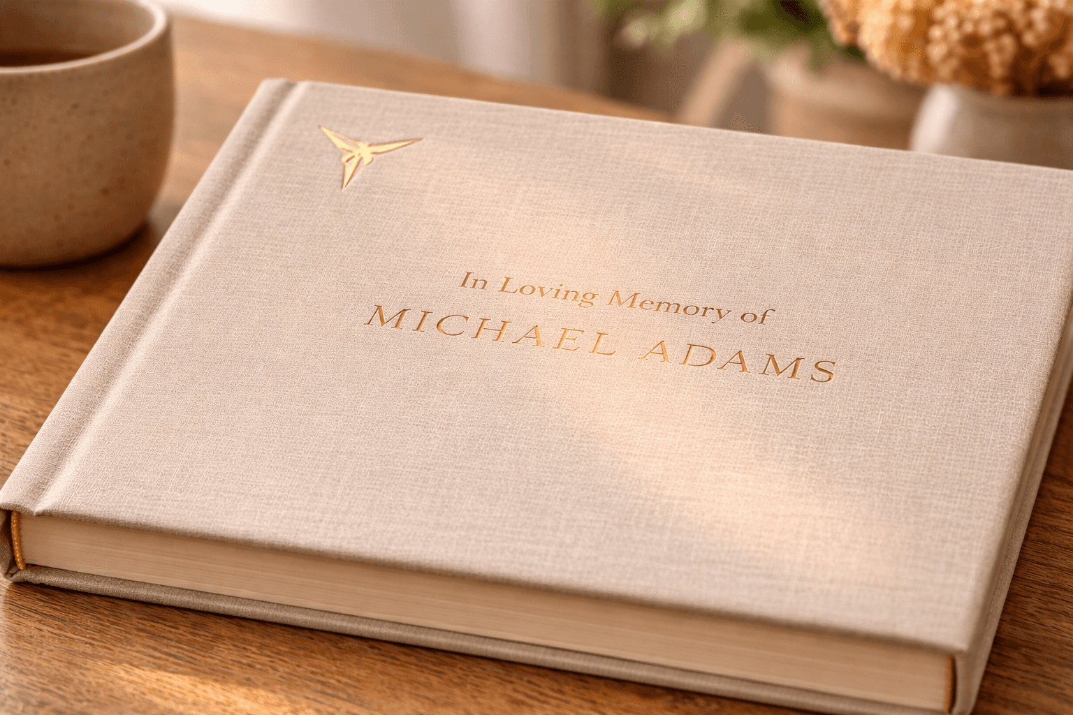 Encapsoul memorial heirloom — linen hardcover with gold foil