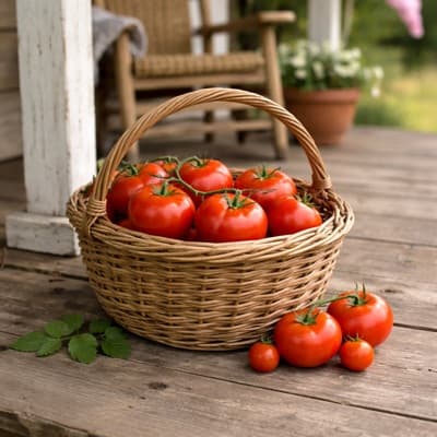 Basket of garden tomatoes on a porch