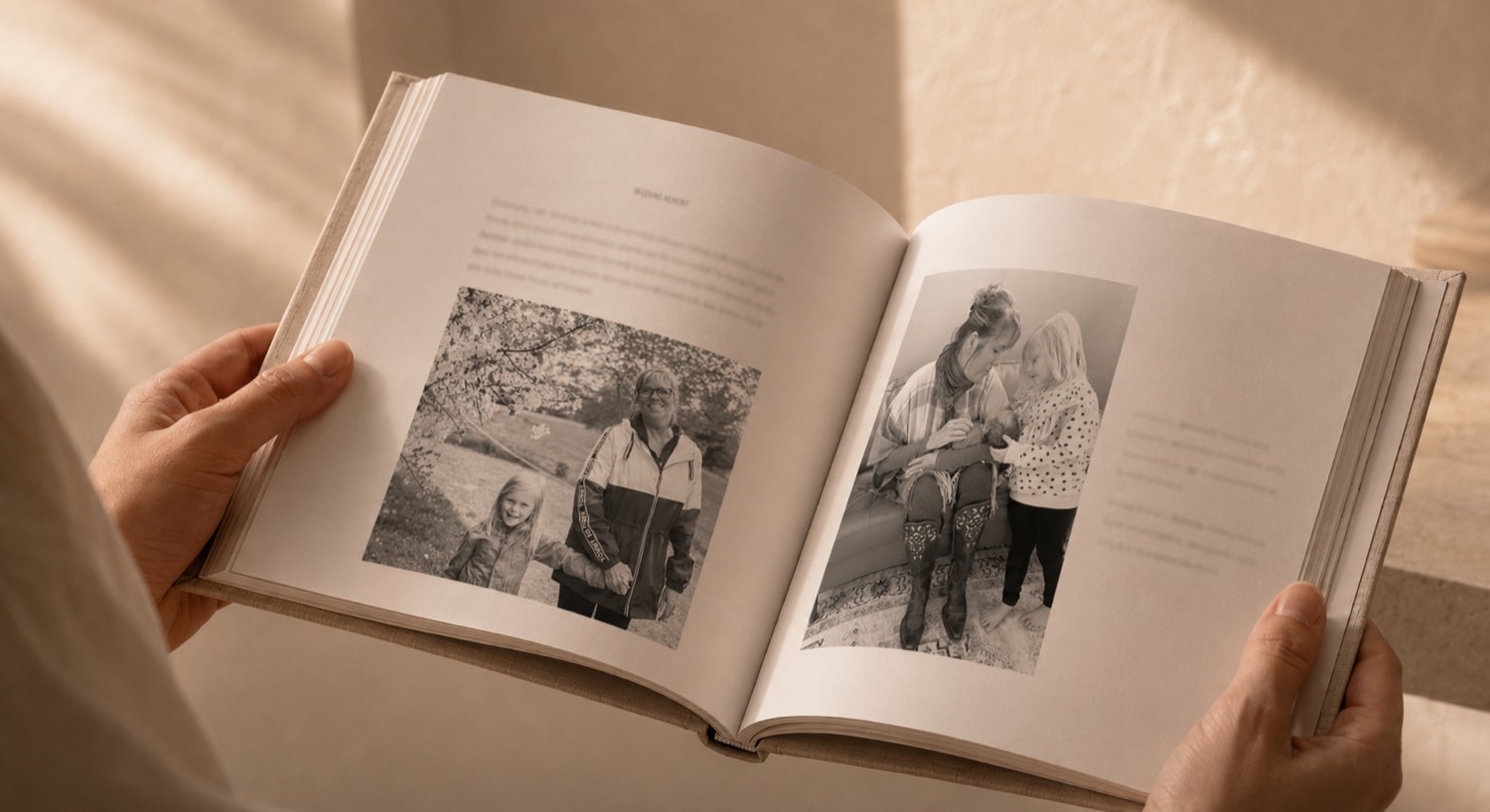 The finished hardcover heirloom held open to a two-page spread in soft window light, cradled in two hands.